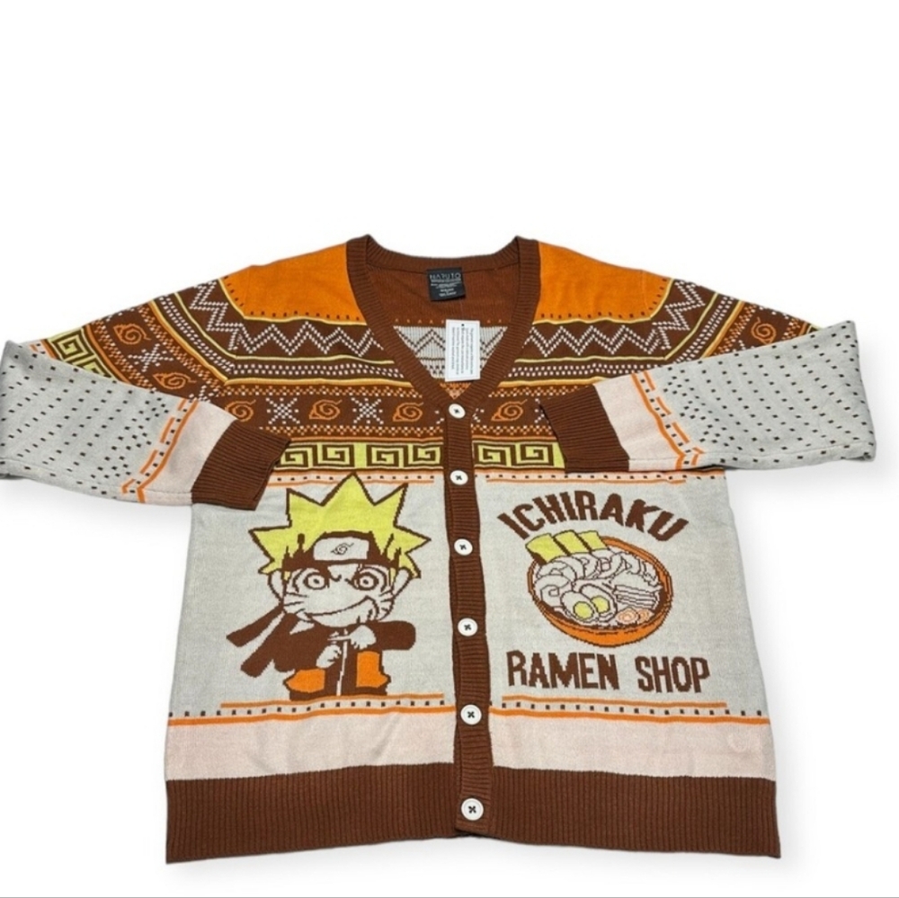 NWT Naruto Shippuden Chibi Naruto & Ramen Orange Button Down Sweater